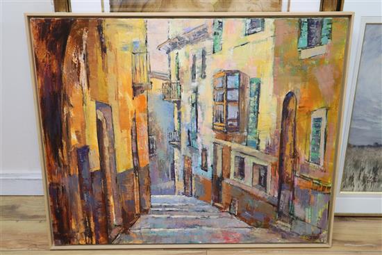 Spanish School, oil on canvas, Street scene, indistinctly signed, 81 x 100cm